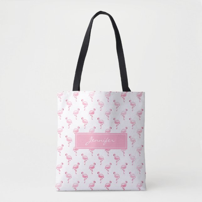 Tote Bag Motif d'été de Flamant rose tropical rose Monogram (Devant)
