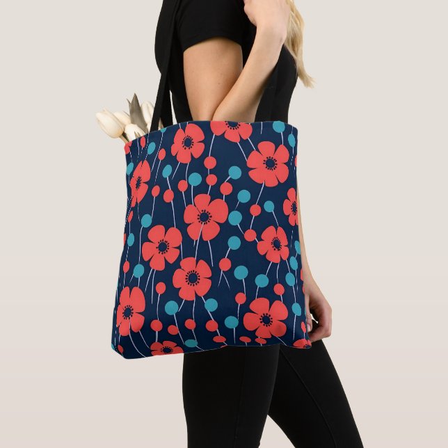 Tote Bag Motif d'impression floral bleu marine (De près)