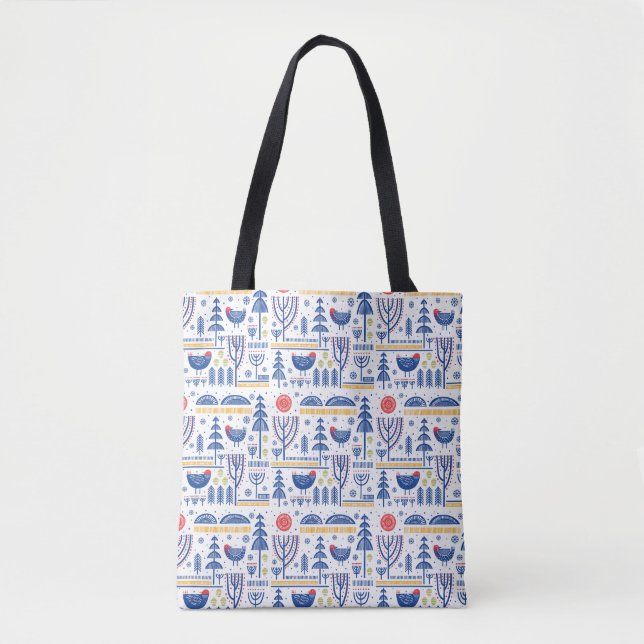 Tote Bag Motif d'oiseau d'hiver d'art populaire (Devant)
