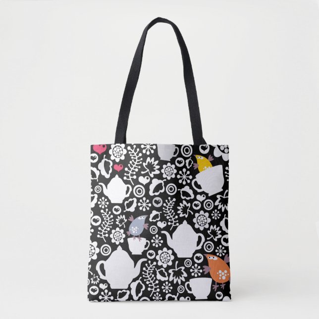 Tote Bag Motif d'oiseaux et de tasses (Devant)