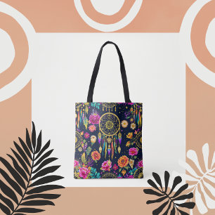 Tote Bag Motif d'or mystique bohème fleuri