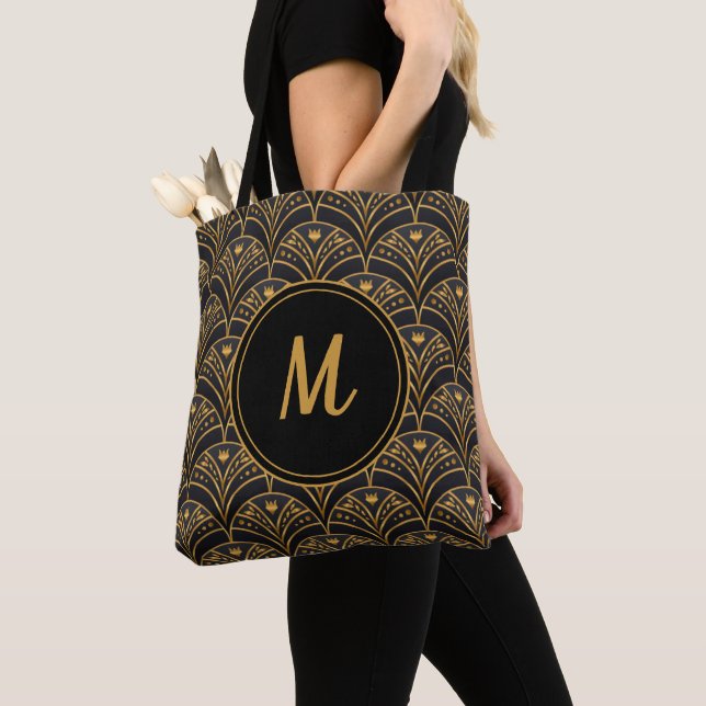 Tote Bag Motif d'or noir Monogramme Art Déco Personnaliser (De près)