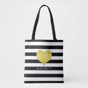 Tote Bag Motif élégant de rayures noires et blanches Nom