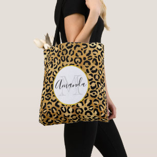 Tote Bag Motif Empreinte de léopard en or et noir