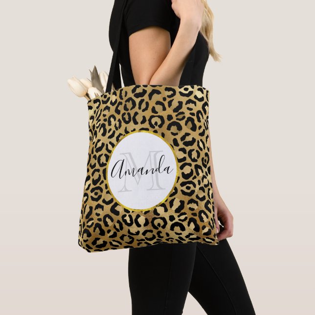 Tote Bag Motif Empreinte de léopard en or et noir (De près)