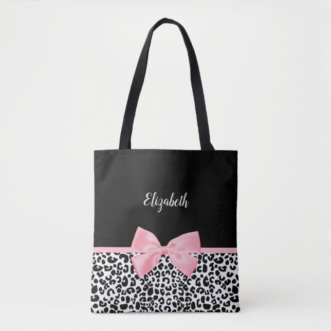 Tote Bag Motif Empreinte de léopard noir blanc rose pâle (Devant)