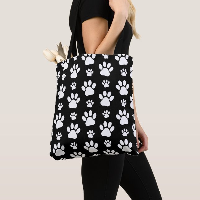 Tote Bag Motif, Empreintes de pattes, pattes de chien, noir (De près)