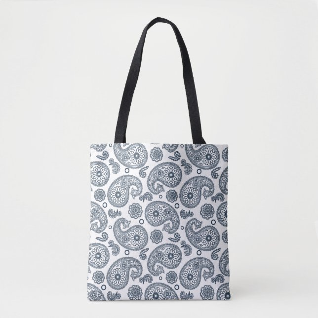 Tote Bag Motif en cachemire bleu foncé indien sur blanc (Devant)