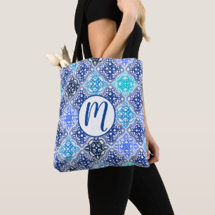 Tote Bag Motif en carrelage marocain peint en bleu