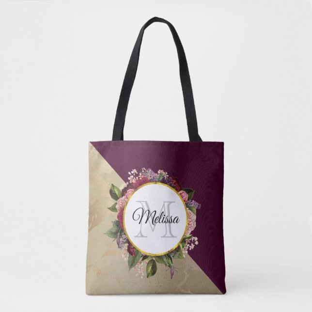 Tote Bag Motif en marbre doré et monogramme floral bordeaux (Devant)