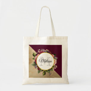 Tote Bag Motif en marbre doré et monogramme floral bordeaux
