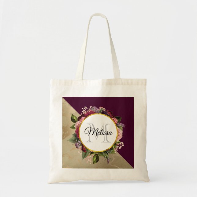 Tote Bag Motif en marbre doré et monogramme floral bordeaux (Devant)