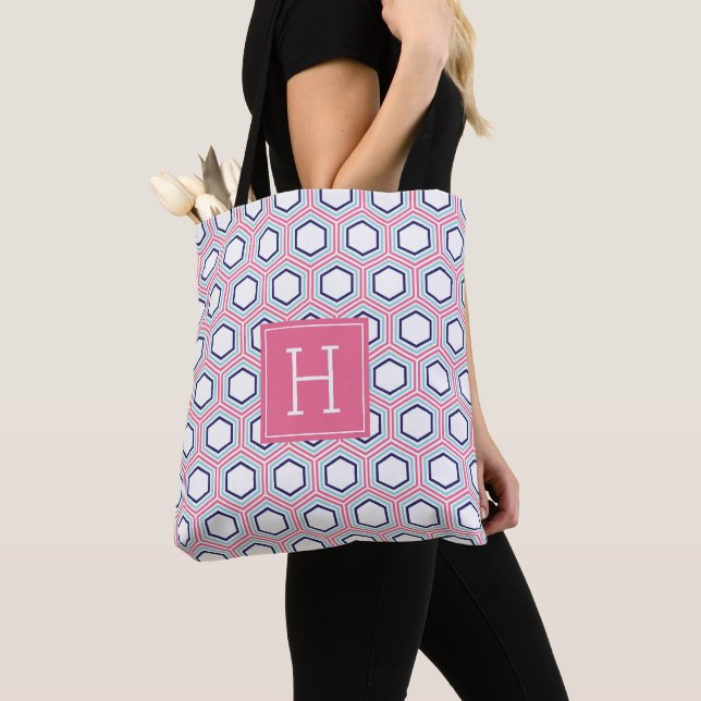Tote Bag Motif et monogramme géométrique rose et bleu (De près)