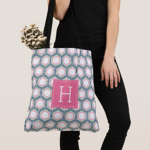Tote Bag Motif et monogramme géométriques bleu vert et ro