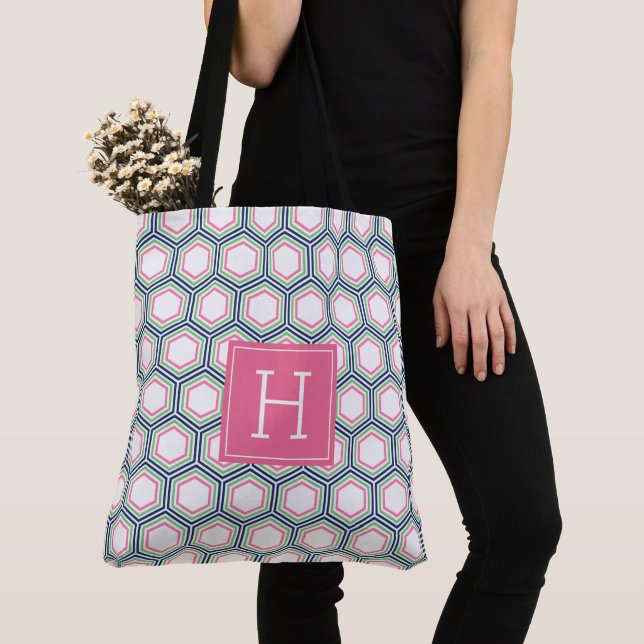 Tote Bag Motif et monogramme géométriques bleu vert et rose (De près)