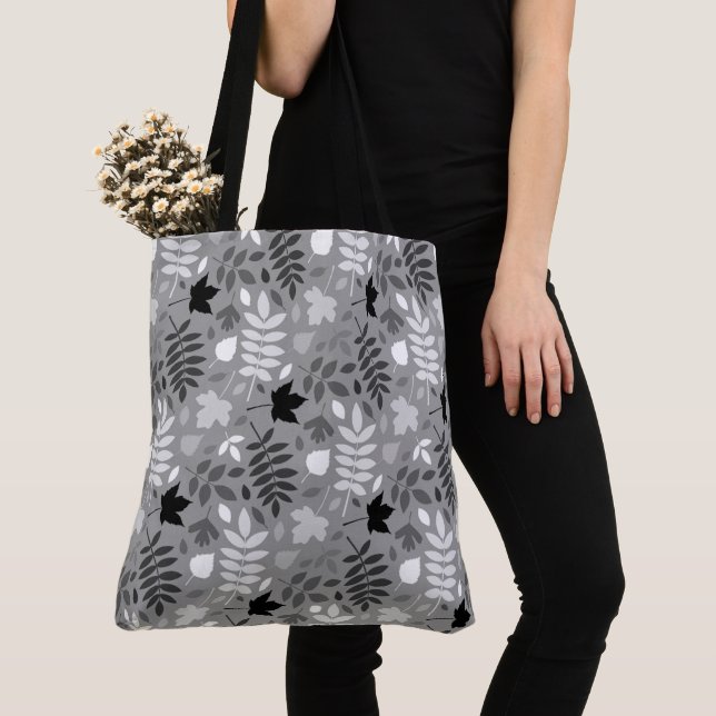 Tote Bag Motif Feuille tombé Monochrome sur Grey (De près)
