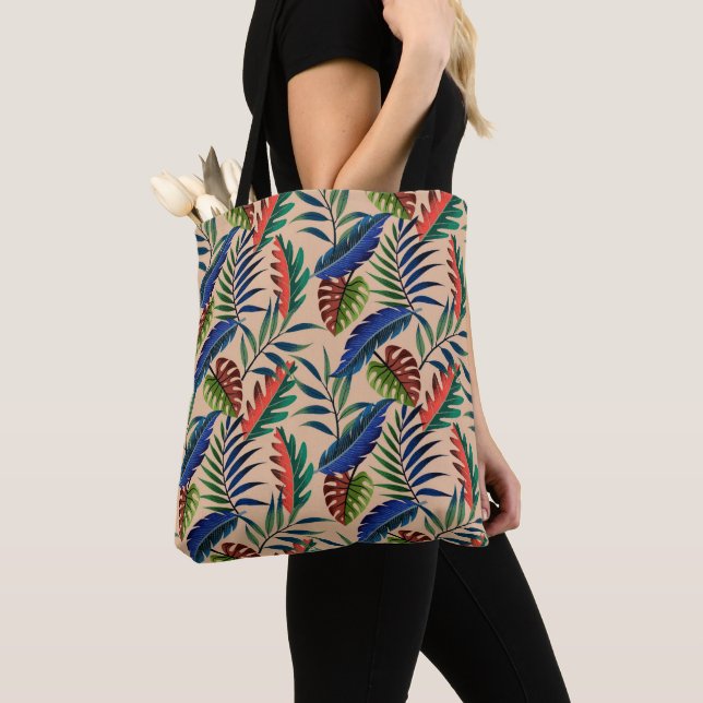 Tote Bag Motif Feuille Tropical Beige (De près)