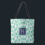 Tote Bag Motif Feuille vert et Monogramme bleu<br><div class="desc">Des rayures élégantes et chic et un design monogramme dans des couleurs tendance et à la mode.</div>