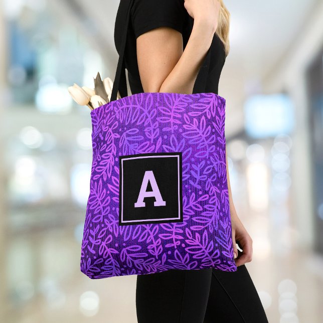 Tote Bag Motif feuille violet monogramme moderne audacieux  (Créateur téléchargé)