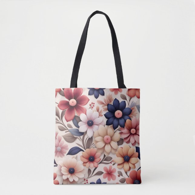 Tote Bag Motif fleurs et feuilles rose gras (Devant)
