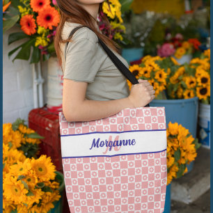 Tote Bag Motif floral à carreaux rose monogramme personnali