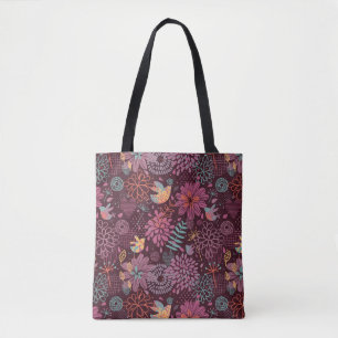 Tote Bag Motif floral abstrait avec des oiseaux
