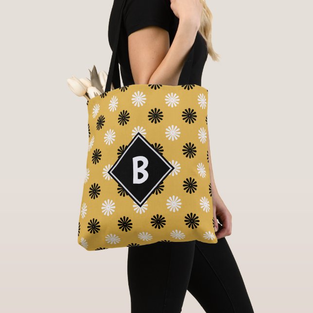 Tote Bag Motif floral abstrait moderne monogrammé jaune (De près)