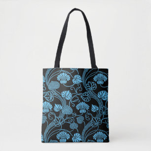 Tote Bag Motif floral antique noir sur bleu