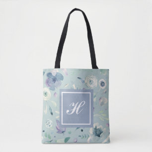 Tote Bag Motif floral aquarelle bleu violet Monogramme