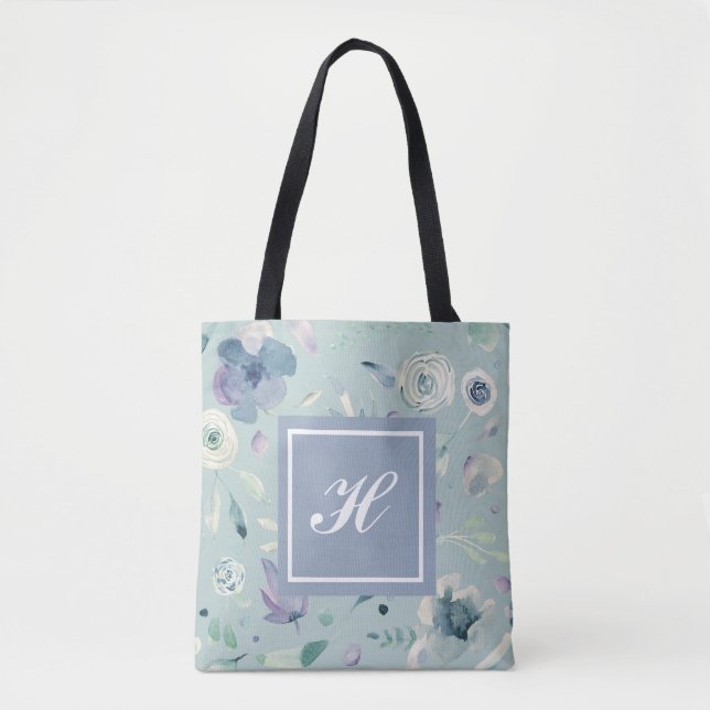 Tote Bag Motif floral aquarelle bleu violet Monogramme (Devant)