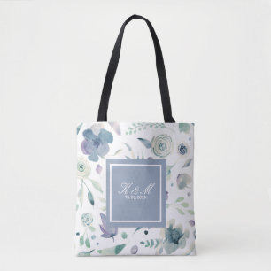 Tote Bag Motif floral aquarelle bleu violet monogrammé