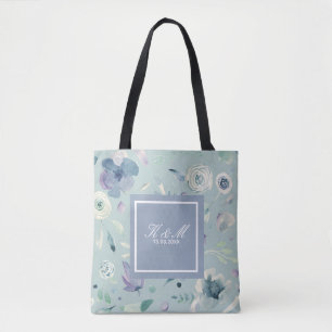 Tote Bag Motif floral aquarelle bleu violet monogrammé