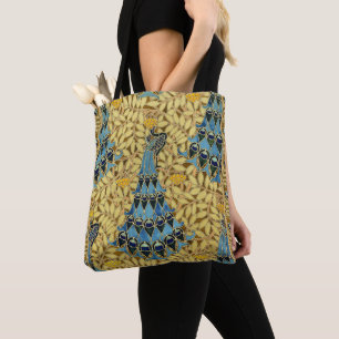 Tote Bag Motif floral au paon bleu Art nouveau vintage
