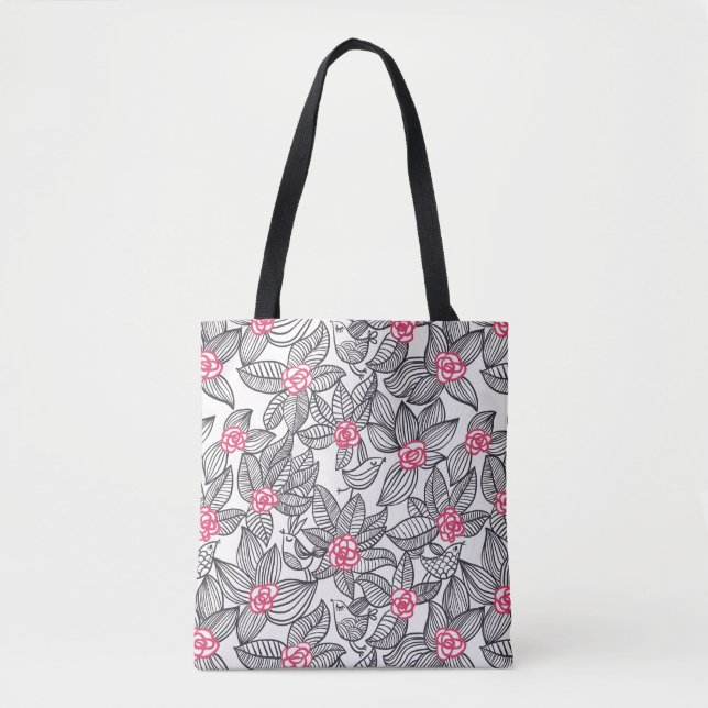 Tote Bag Motif floral avec des oiseaux de bande dessinée (Devant)