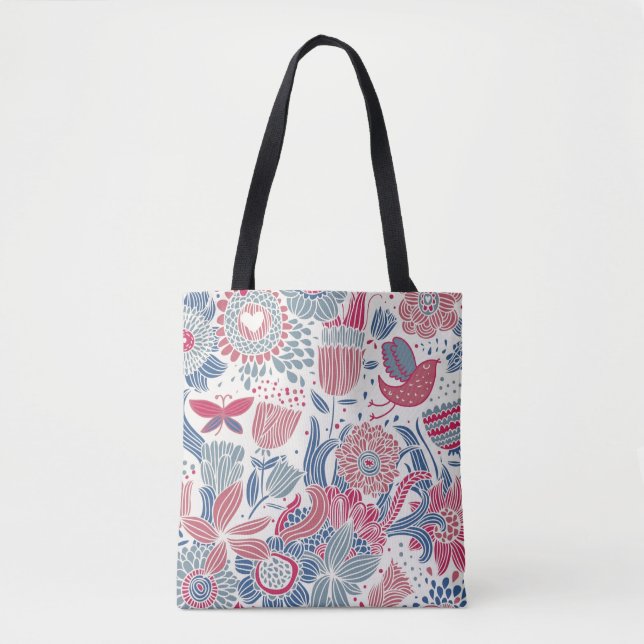 Tote Bag Motif floral avec l&#x27;oiseau et le papillon (Devant)