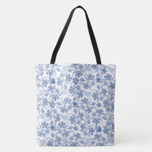 Tote Bag Motif floral blanc et bleu chic Indigo