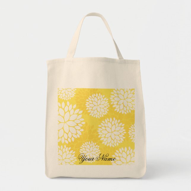 Tote Bag Motif floral blanc jaune de monogramme (Devant)