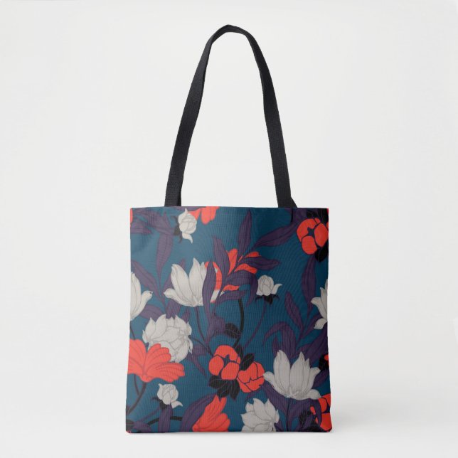 Tote Bag Motif floral bleu et rouge élégant (Devant)