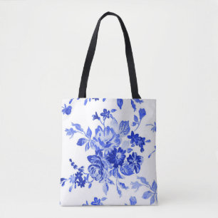 Tote Bag motif floral bleu vintage