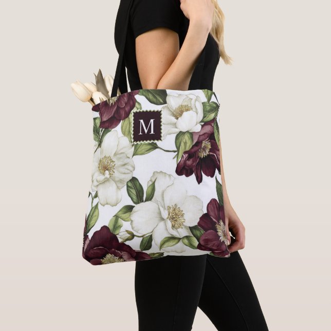 Tote Bag Motif Floral Bourgogne Monogramme Apron (De près)