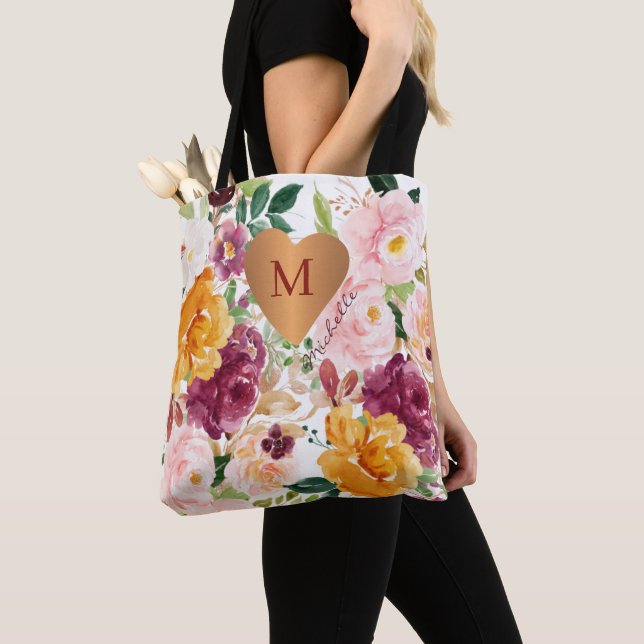 Tote Bag Motif floral chic avec monogramme  (De près)