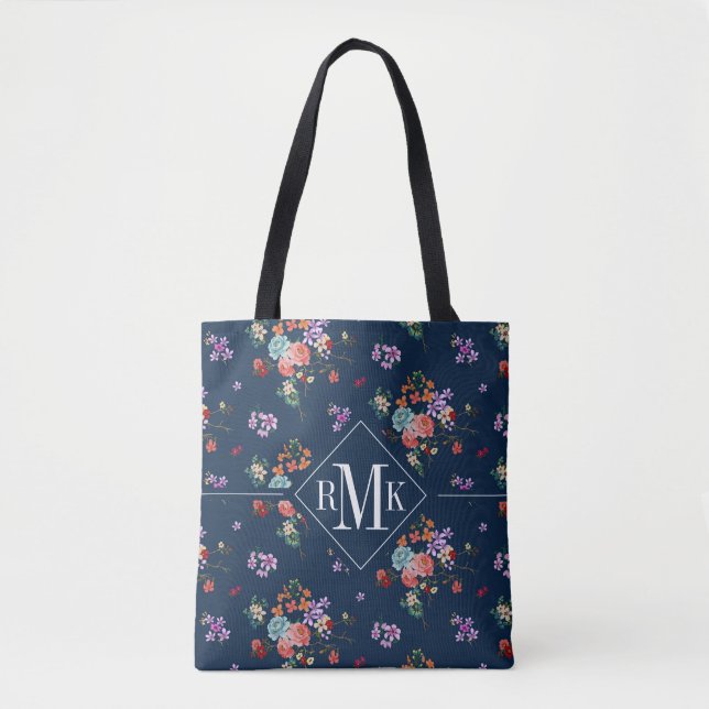 Tote Bag Motif floral de bouquet rose du monogramme | (Devant)
