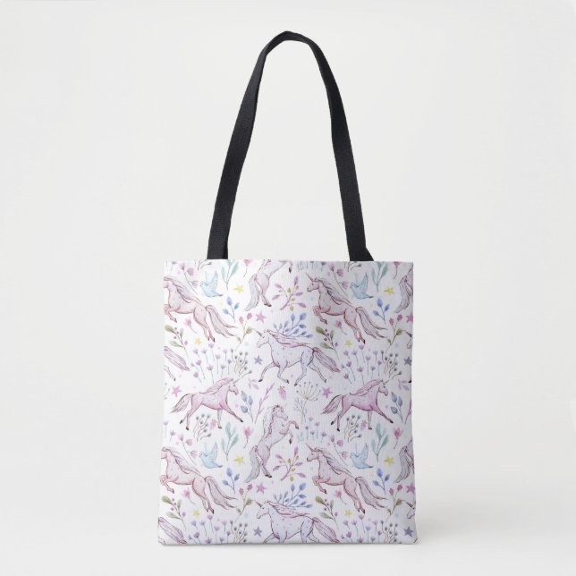 Tote Bag Motif floral de licorne d'aquarelle (Devant)