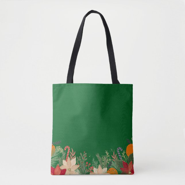 Tote Bag Motif floral de Noël rétro en vert (Devant)