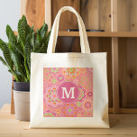 Tote Bag Motif floral de printemps coloré Monogramme person<br><div class="desc">Hot Pink,  Coral et vert citron - Un design floral amusant et graphique dans des couleurs fraîches et joyeuses. Si vous devez ajuster les monogrammes,  cliquez sur le bouton customiser et apporter des modifications.</div>