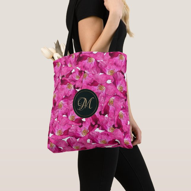 Tote Bag Motif floral de rose de pavots. Monogramme (De près)