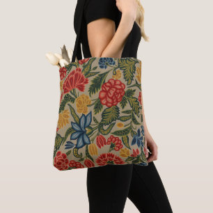 Tote Bag Motif floral en broderie laine vintage rouge et or