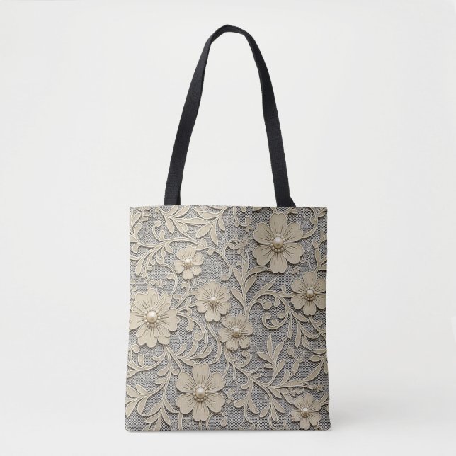 Tote Bag Motif floral en dentelle avec centres de perle (Devant)