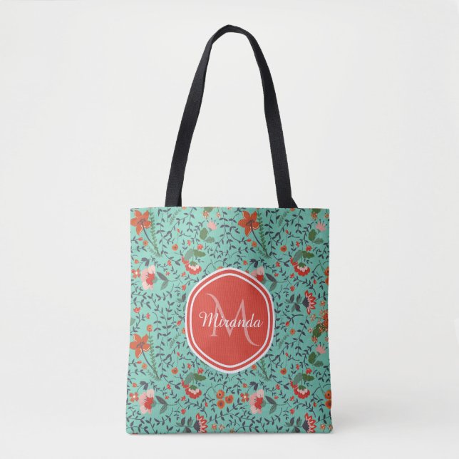 Tote Bag Motif floral en Monogramme Turquoise et orange et  (Devant)