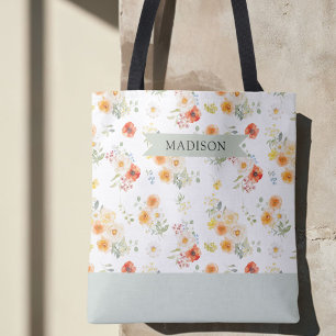 Tote Bag Motif floral ensoleillé personnalisé avec nom en a